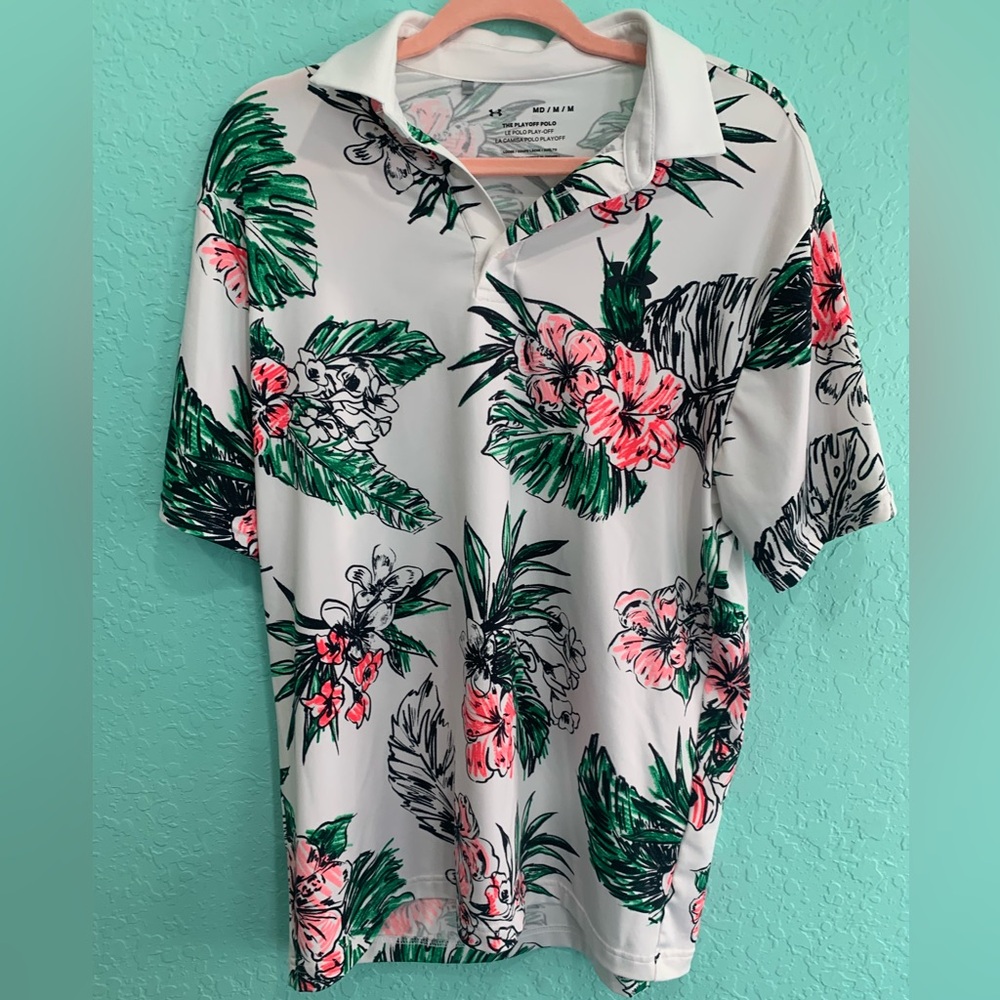 Under Armour Men’s White Polo with Green Pink Floral Print Hawaiian M golf UA